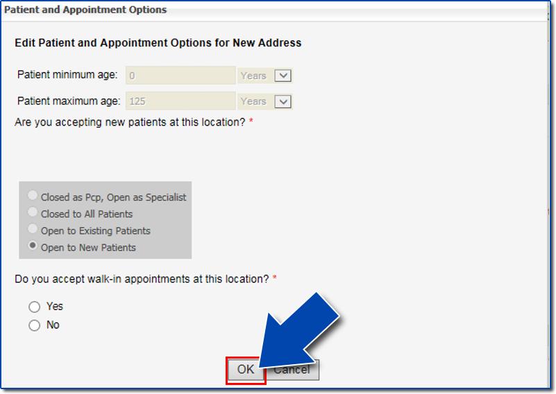 From the following window, edit Walk-in appointment information as necessary, and then select OK