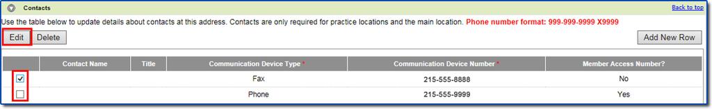 Contacts To modify location contact information, first identify the contact line by checking the box to the left of the line item. Then select Edit.