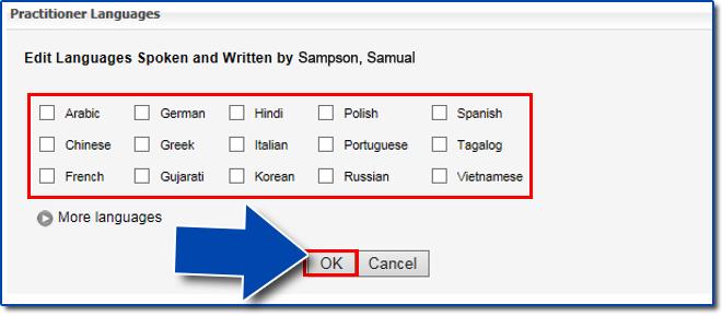 Check the box next to each language spoken and select OK.