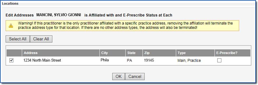 Note: If the practitioner is the only practitioner affiliated with a specific practice address, as stated in the warning window (as shown below), removing the affiliation could result in the practice