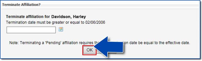 To terminate a hospital affiliation, first select X to the right of the institution name. You will be prompted to enter a termination date using the calendar icon.