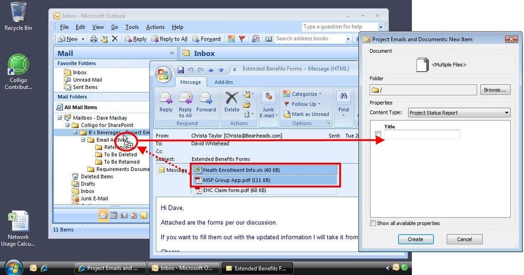 Drag attachment from an email into the Outlook tree Attachments can be uploaded to SharePoint simply by drag-and-drop direct from an email into the Outlook folder tree (or Contributor Cached View).