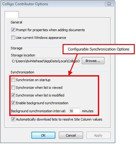 Synchronizing Content Contributor offers different user-configurable synchronization processes to ensure data is kept synchronized with SharePoint.