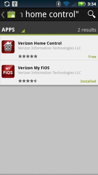 The Verizon Home Control app displays in the search results list: 4. Tap the Verizon Home Control app to download and install.
