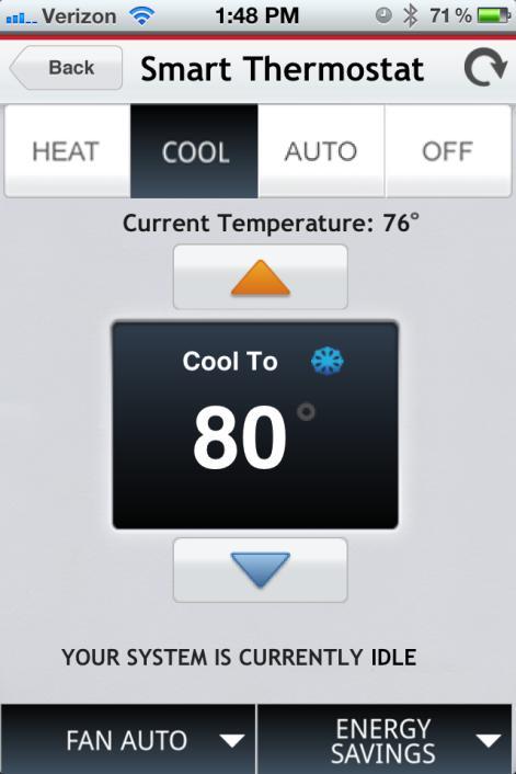 The Smart Thermostat screen displays: Tap Heat to set your system s operating mode to Heat. The heating system will turn on when the temperature drops below your Heat setpoint.