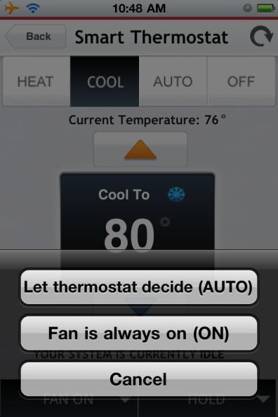 2. Tap the Up and Down arrow buttons to raise or lower the setpoint value. 3. To choose the Fan mode setting: a.
