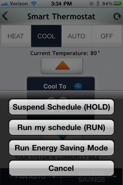 i. Hold overrides the programmed or scheduled temperature settings and sets the Thermostat to the current temperature until you tap Run to cancel the Hold setting.
