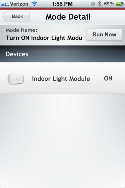 The Mode Detail screen displays to show which devices are included in the Mode: At right is a list of devices inside the selected Mode that will