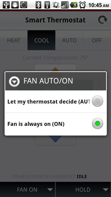 2. Tap the Up and Down arrow buttons to raise or lower the setpoint value. 3. To choose the Fan mode setting: a.