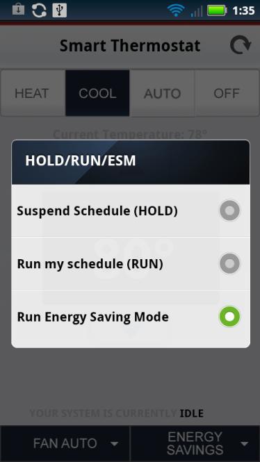 i. Hold overrides the programmed or scheduled temperature settings and sets the Thermostat to the current temperature until you tap Run to cancel