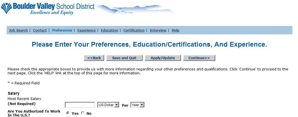 The Preferences page asks for your preferences, education, certification, and experience.