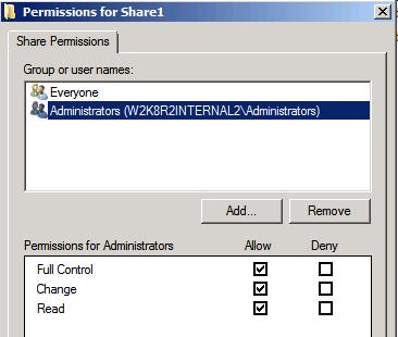 e. In the Permissions for Share1 dialog box, you can view/edit permissions for current users or add/remove users from the share. Click on the Administrators group.