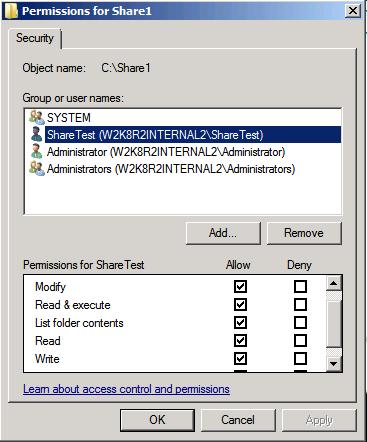 20. Click the Edit button. Select the ShareTest user and put a check in the box next to the Modify permission under the Allow column. Notice that checking this box also checks the Write permission.