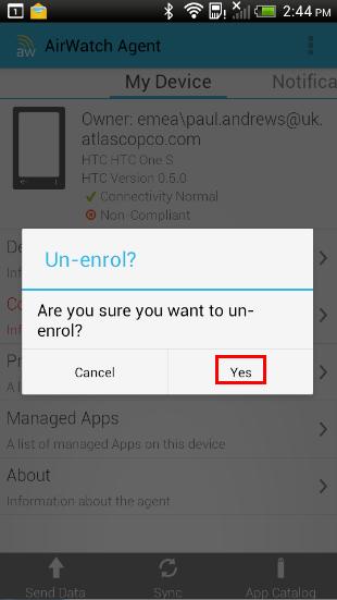 the Menu option for your device, and then Select Un-enrol.