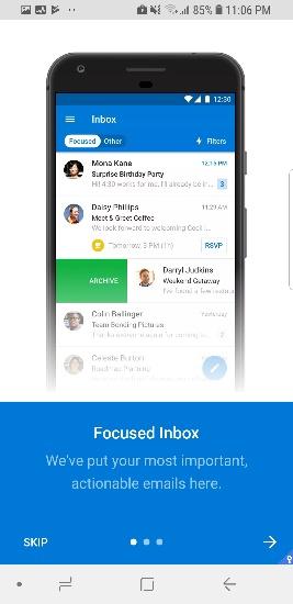 The information screens provide an overview of the three* main functions of the Microsoft Outlook App and how to use them: 1. Mail 2. Contacts 3.