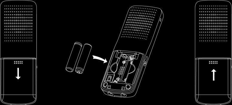 1. Open the battery cover. 2. Insert the batteries in the correct polarity. 3. Close the battery cover.