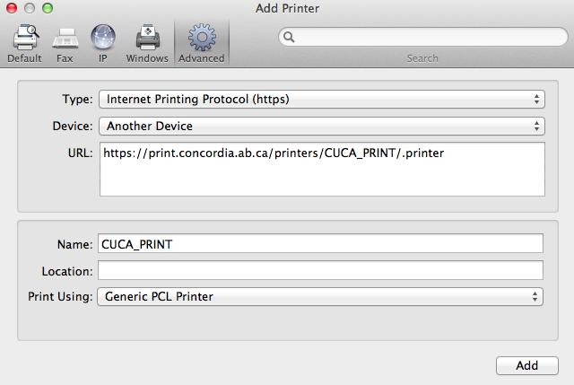 In the Print Using field, you can either choose Generic PCL Printer or install a Konica Minolta driver by using the steps found in the appendix of this document.
