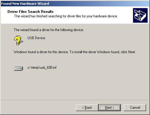 (7) The PC Operating System begins searching for the device driver. The following screen is displayed when the search for the driver is complete. Select (click) Next > box.