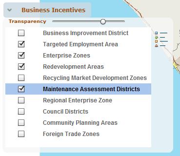 Business Incentive Areas: Business incentive districts, areas, and zones can be displayed by marking the appropriate check box.