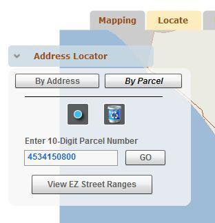 City of San Diego Enterprise Zone Address Range Document: On the Address Locator panel, users can click on a button to view