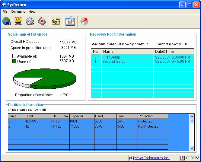4. The Information menu above displays current HD usage information, Recovery Point Information and Partition Information.