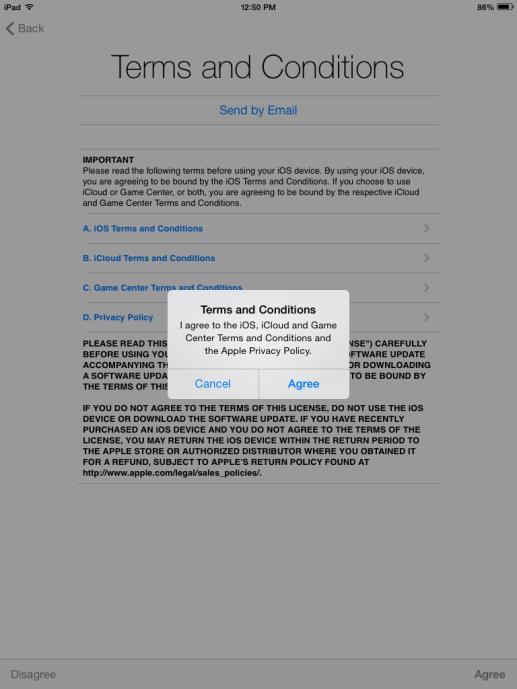 Page 4 of 5 21. Confirm that you agree. It may take a few minutes to set up your Apple ID 22. Select Use icloud. 23. Select Next. 24. Select Not now. Confirm this selection by pressing Continue. 25.