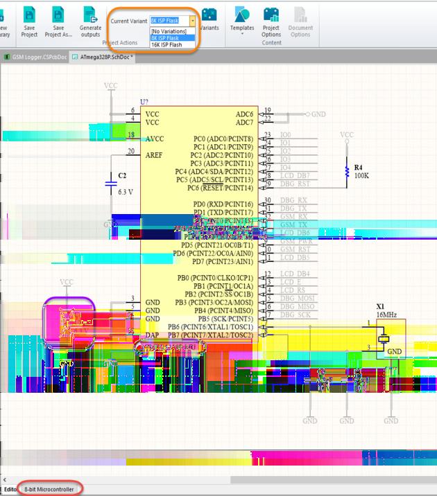 Select the compiled sheet and the Variant (orange highlights) to view the components varied on the schematic sheet.