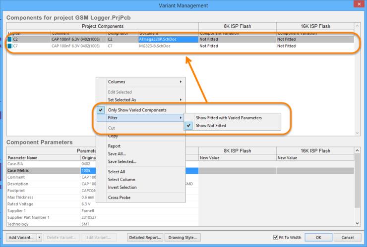 position and size the variant of interest in your preferred working location. The Variant Management dialog with columns hidden and a ﬁlter applied to only show components that are Not Fitted.