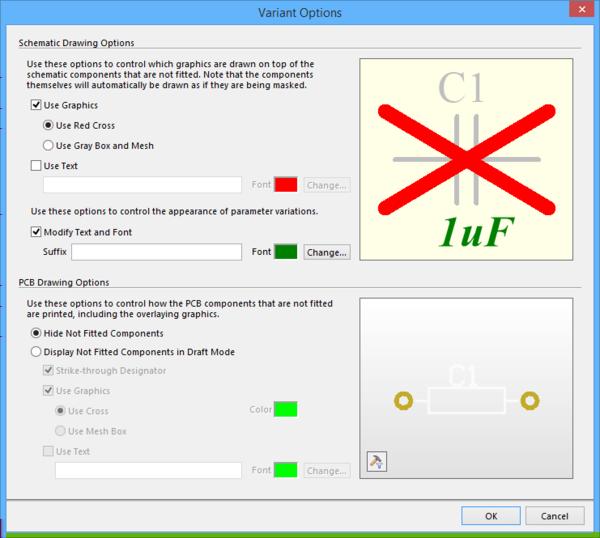 Conﬁgure how the not ﬁtted components for deﬁned variants are presented on the schematic and in PCB drawing outputs, in the Variant Options dialog.