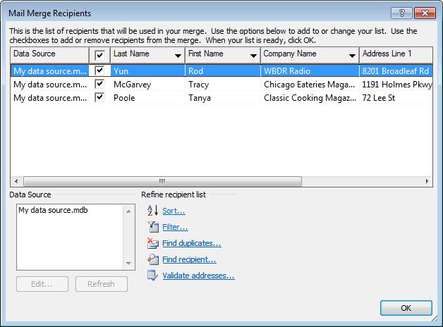 1 18 Word 2010: Advanced Exhibit 1-10: The Mail Merge Recipients dialog box Sorting records Before you print your form letters, you might want to sort the letters based on specific merge field data.