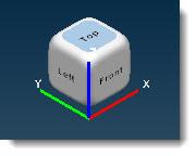 The cube always displays coordinates, even if the Coordinate System setting is not selected. The cube rotates along with the image of the part.