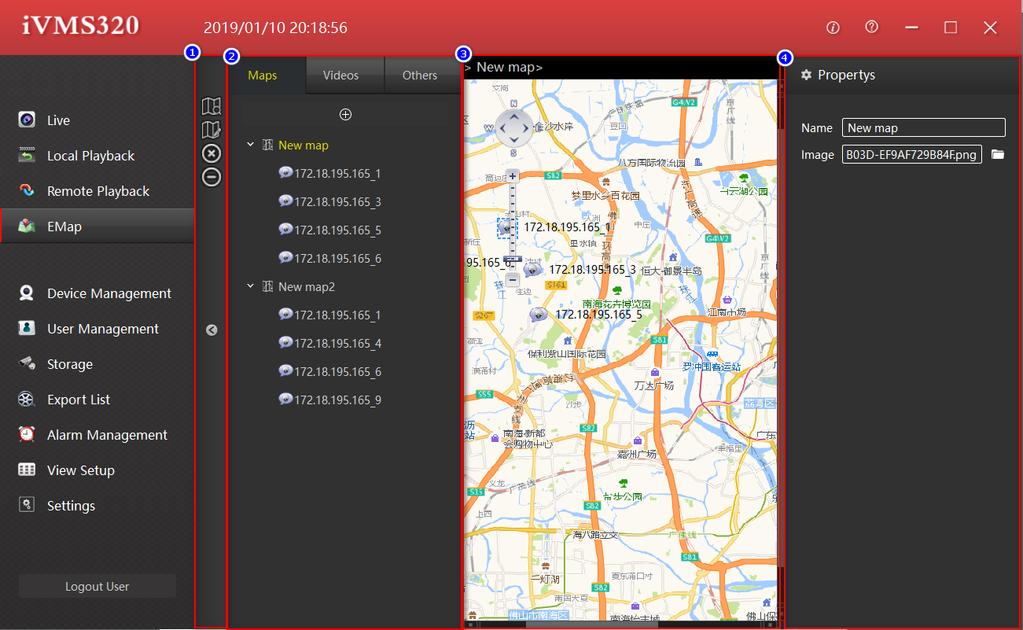 Figure 2-4-1 1 Toolbar. 2 Maps, devices, and other listings.