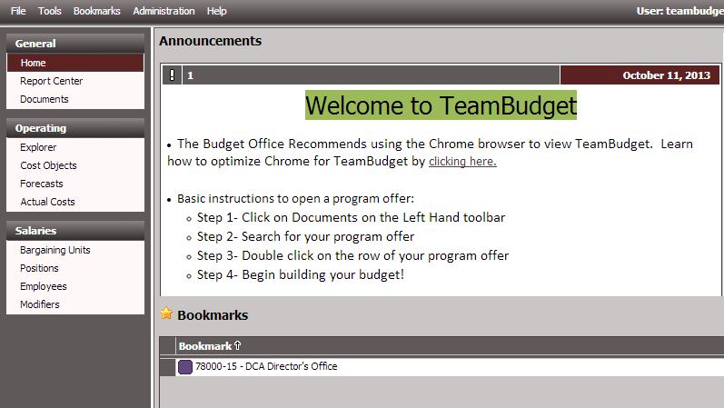 TEAMBUDGET HOME SCREEN What you see when you first log in Will always be left-most TeamBudget tab This tab must stay open.