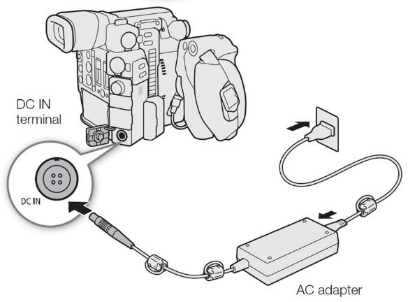 Connect the compact power adapter to the camera, and insert the battery pack into the