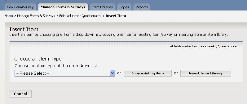 te: As you can see, you are now working within the Manage Forms Surveys tab. You are essentially editing the new form or survey that you just created.