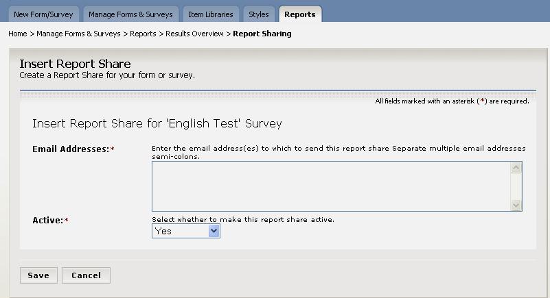 7. Click on the New Report Share button. An Insert Report Share page like the one shown in Figure 30 will display. Figure 30: Insert Report Share 8.