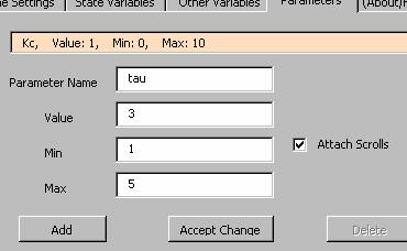 Figure 10. Attaching Scroll Values to Parameter τ. 7. Once all the input information has been keyed in, click on the OK button on the bottom of the RK4 Input Window. 8.