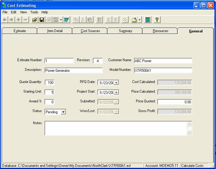 Main Menu Options Following is a brief description of the options available from the Main Menu of the Cost Estimating application.