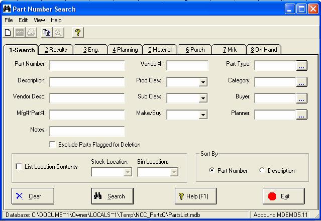 Search for Part in Manfact The Part Number Search query helps you locate a Manfact Part Number using a variety of search criteria and provides you with an Inquiry Only process for users who do not