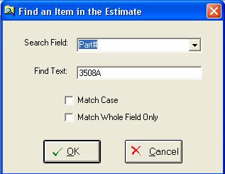 Select the field you wish to search from the pull down menu. Enter the text for which you wish to search. Select to match Case or Whole Field Only.
