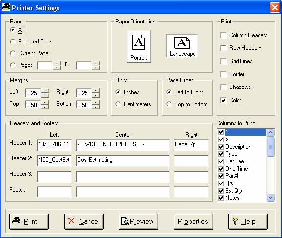 General Information Printing a Spreadsheet Below is a sample of the screen that will appear when you select the Print option.