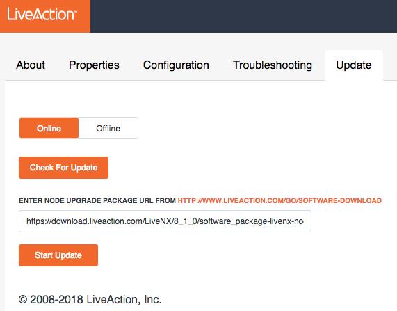 Step 3 Click the Update tab then select the Online option. Enter the following URL then Start Update. https://download.liveaction.com/livenx/8_1_0/software_package-livenx-node-8.1.0-full.
