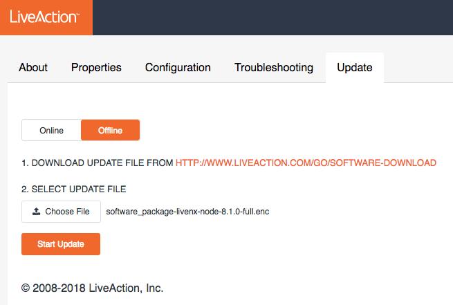 Step 4 Figure 3: LiveNX Node Web UI Under SELECT UPDATE FILE, browse to the location of the software package. Click on Open, then Start Update.