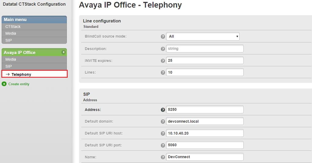 6.2.4. Configure Telephony To configure Telephony click on Telephony for the IP Office configured in Section 5. Configure the following: Lines Enter the number of SIP lines that Flexi is licensed for.