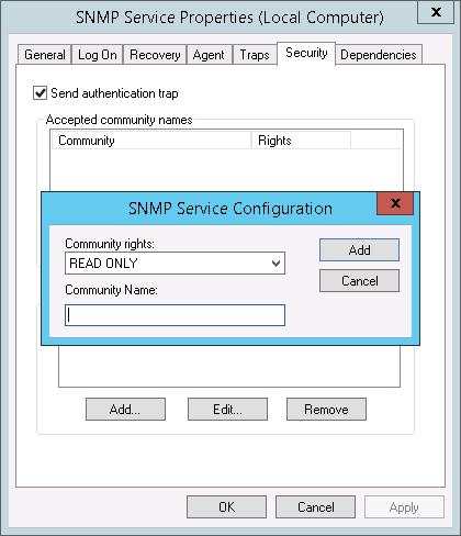5. In the Accepted community names panel, click the [Add...] button. The SNMP Service Configuration pop-up window is displayed: 2 6. Enter a value in the following fields: Community rights.