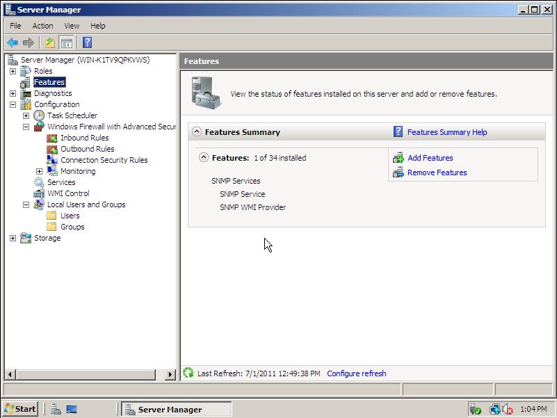 2. In the left pane of the Server Manager window, select Features. The Features Summary is displayed: 2 3.
