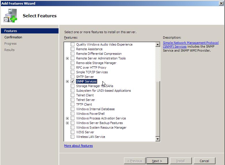 4. In the Select Features window, select SNMP Services: 5. Click the [Next >] button.