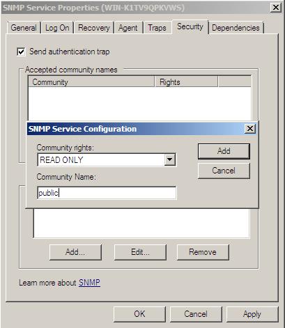 5. In the Accepted community names panel, click the [Add...] button. The SNMP Service Configuration pop-up window is displayed: 6. Enter a value in the following fields: Community rights.