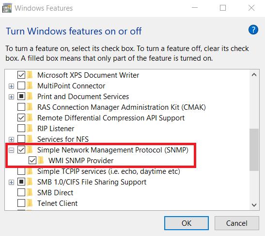 3. In the Turn Features on or off window, expand the Simple Network Management Protocol (SNMP) folder and then select the WMI SNMP Provider checkbox. 4.