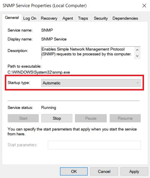 8. In the SNMP Service Properties dialog box, click the [General] tab and enter the
